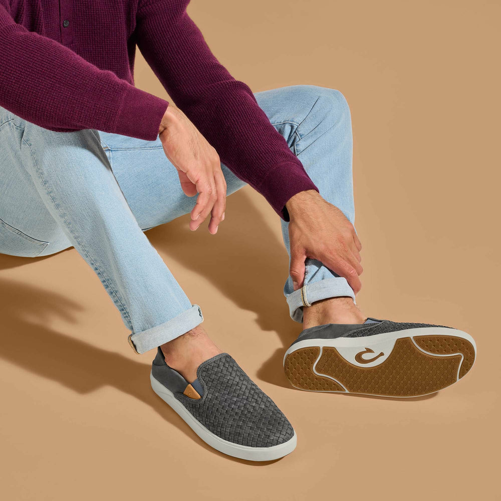 Lae‘ahi Lauhala Men's Leather Slip-On Sneakers - Ash
