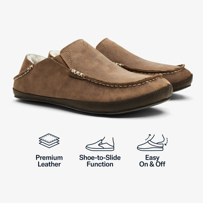 Moloā Men's Leather Slippers - Toffee / Dark Wood